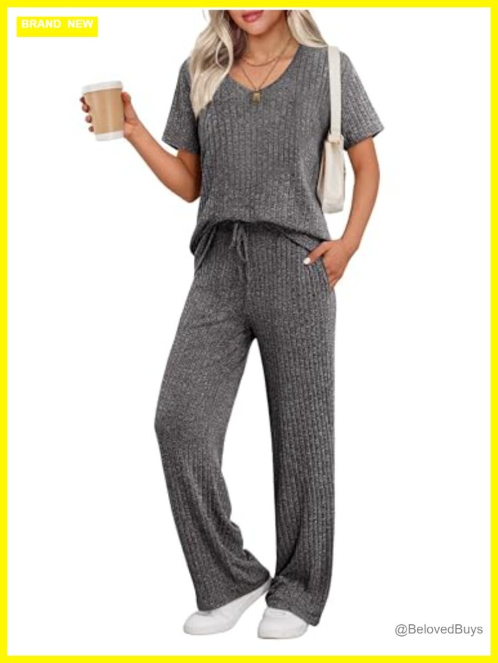 Ribbed Knit Lounge Set Short Sleeve Top Long Pants Pajama Set